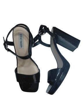 Steve Madden Persepolis Black Patent Block Heel Sandals with Ankle Strap Size 10